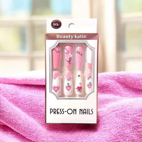 Pink White Heart Rhinestone Press On Accent Nails Long Length 12 Pcs - Picture 1 of 2